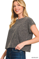Washed Cotton Cuffed Top - BarBelles Boutique